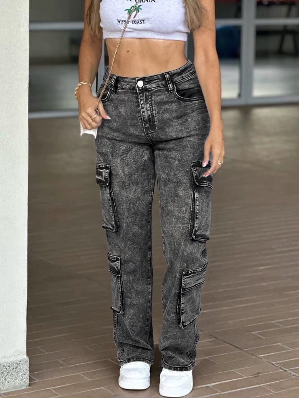 Dames Wide Leg Cargo Jeans — High Waist | Acid Wash Denim