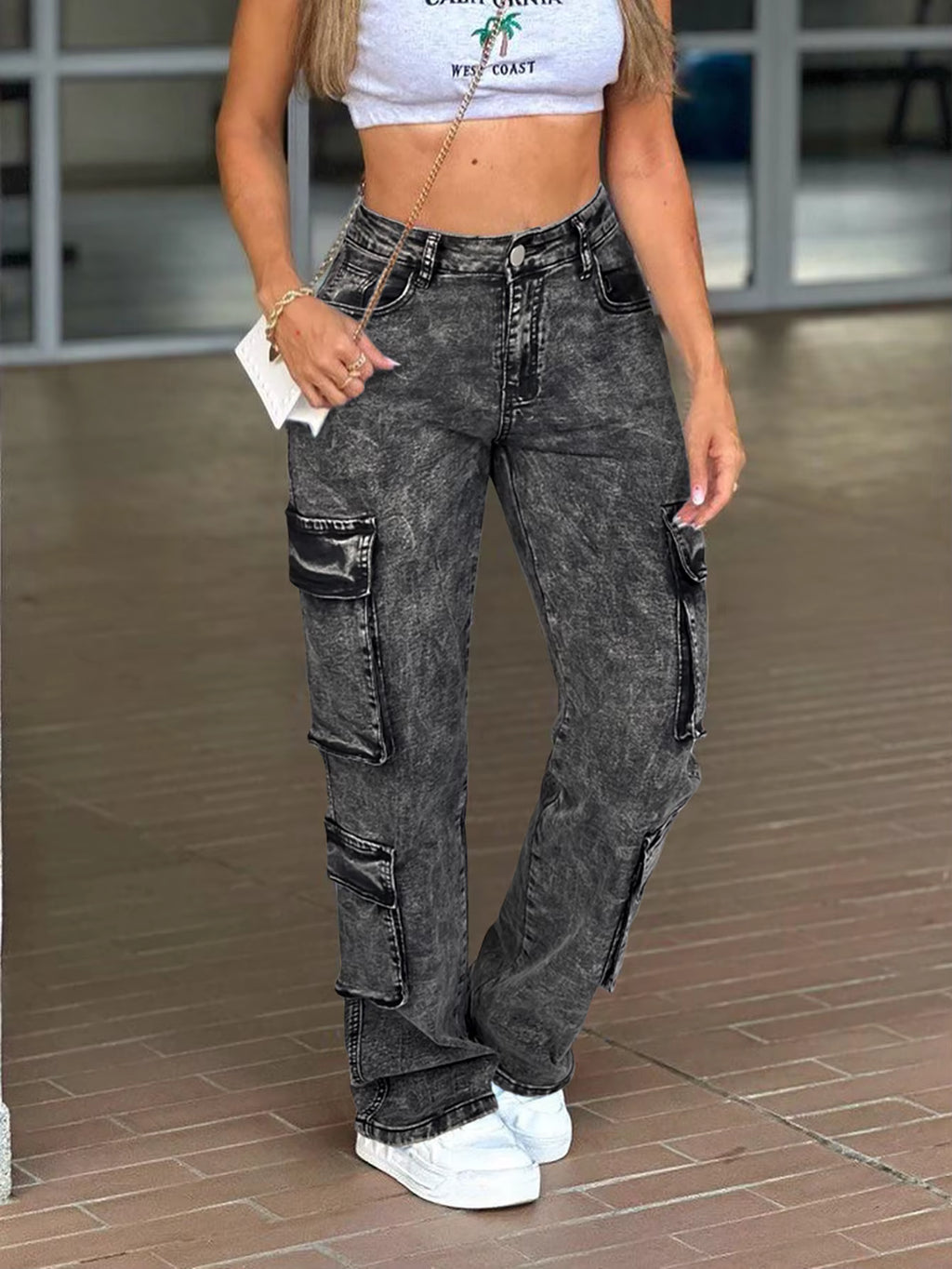Dames Wide Leg Cargo Jeans — High Waist | Acid Wash Denim