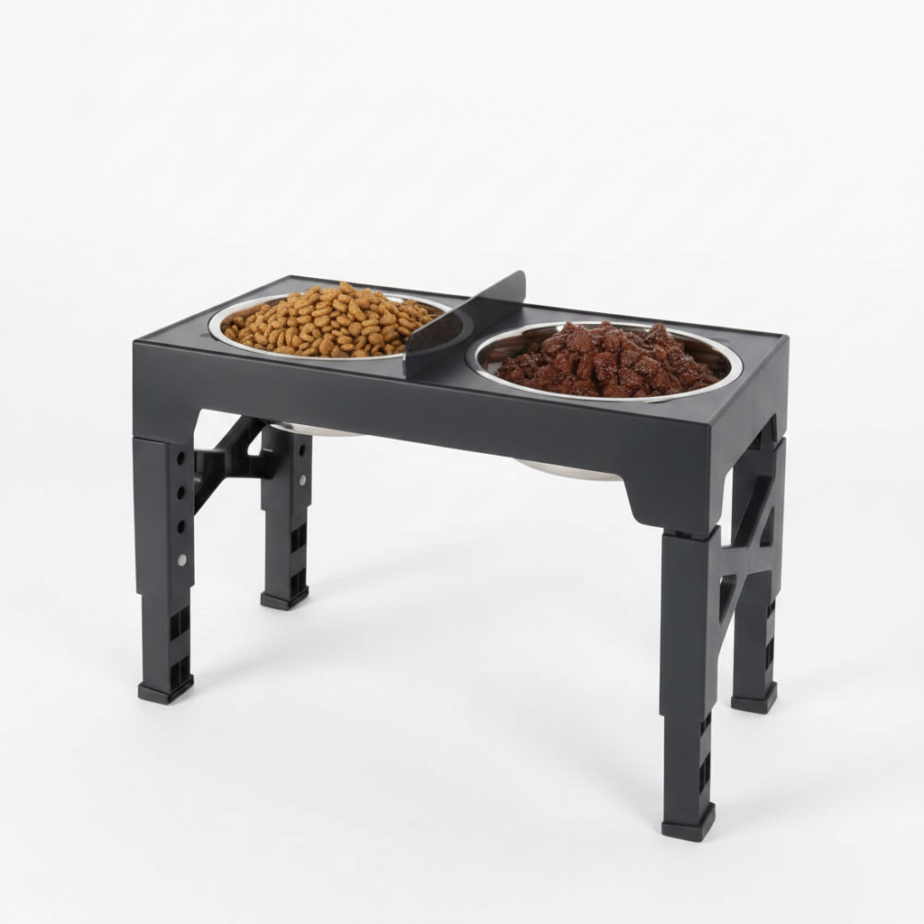 Dog bowl stand showing wet and dry food separation with waterproof baffle